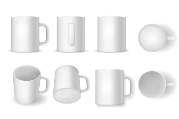 逼真详细的3d 白色空白杯模板样机集。向量 — 图库矢量图片
