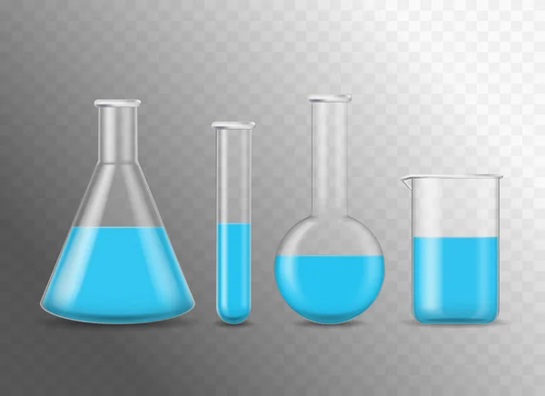 Conjunto de frascos de vidro químico 3d detalhados realista. Vetor —  Vetores de Stock