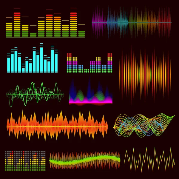 彩色数字音乐均衡器设置在黑暗的背景。向量 — 图库矢量图片