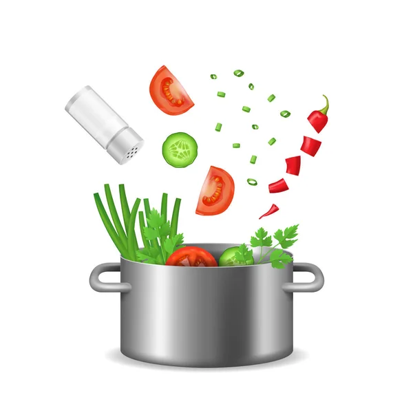 Realistiska detaljerade 3d mat ingredienser flyga potten. Vektor — Stock vektor