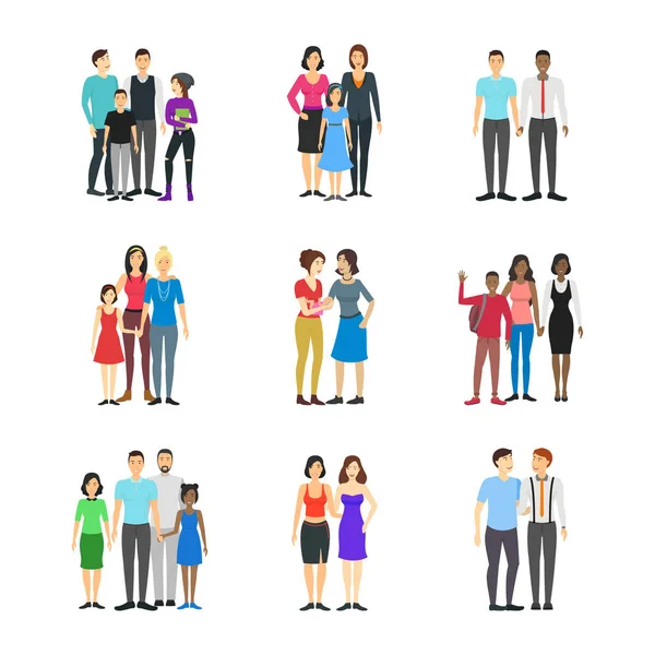 卡通人物不同的同性恋情侣家庭设置。向量 — 图库矢量图片