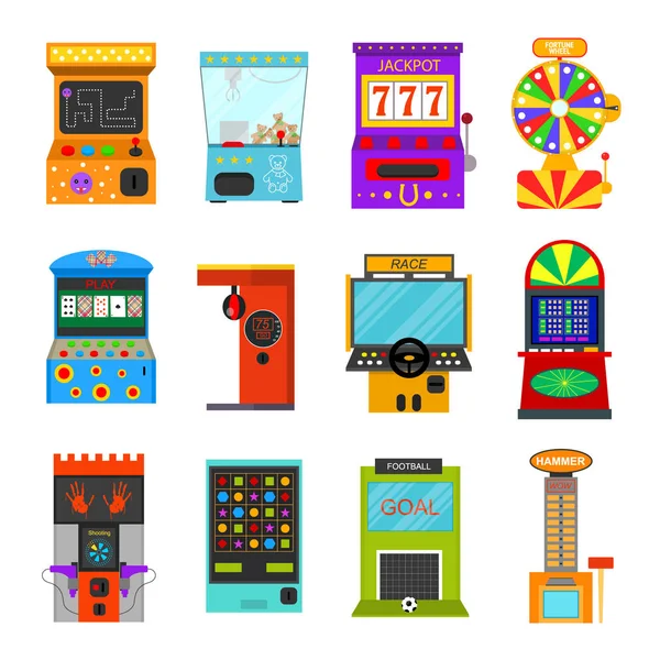 Set di icone per macchine da gioco a colori per cartoni animati. Vettore — Vettoriale Stock