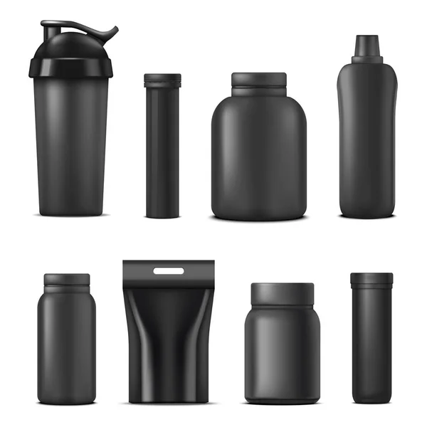 Realista detalhada 3d preto em branco Sport Nutrição Recipientes Modelo Mockup Set. Vetor — Vetor de Stock