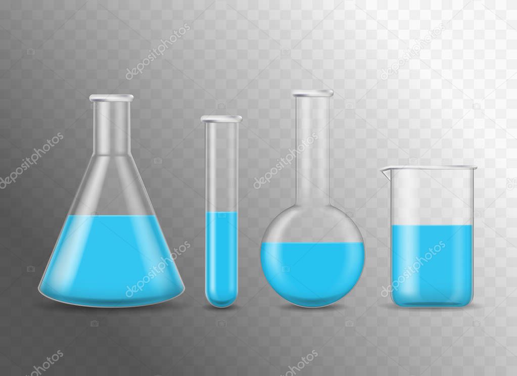 Realistic Detailed 3d Chemical Glass Flasks Set. Vector