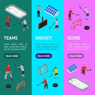Buz hokeyi Arena rekabet kavramı afiş Vecrtical Set 3d izometrik görünümü. Vektör
