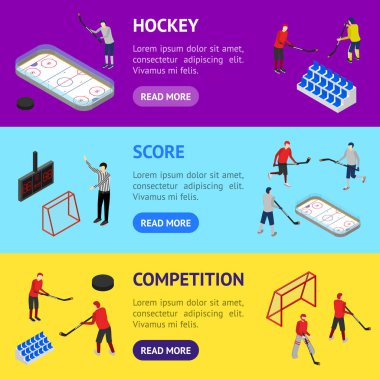 Buz hokeyi Arena yarışma Banner yatay 3D ayarla izometrik görüntüleyin. Vektör