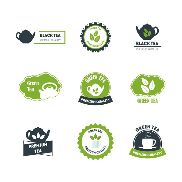 Dibujos animados verde y negro insignias de té o etiquetas conjunto. Vector — Vector de stock