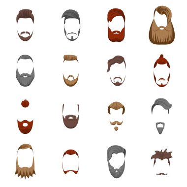 Çizgi film renkli sakallı adam saç kesimi Icon Set. Vektör