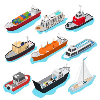Ticari deniz gemi işaretleri 3d Icon Set izometrik görünümü. Vektör