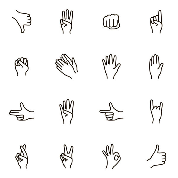 Ручные Жесты Знаки черной тонкой линии икона набор. Вектор
