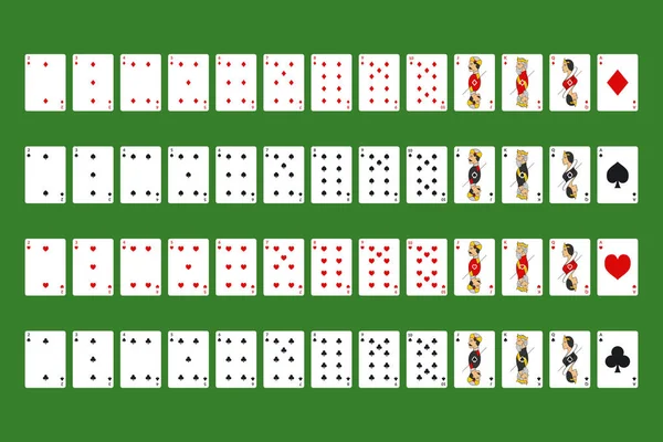 Cartes à jouer au poker Deck complet sur un vert. Vecteur — Image vectorielle