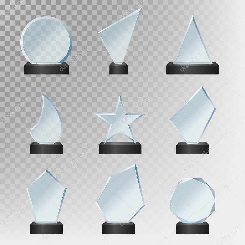Realistic Detailed 3d Glass Cup Trophies Set. Vector