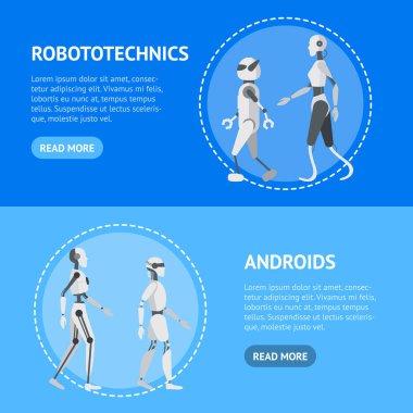 Çizgi film renk Android robotlar afiş yatay kümesi. Vektör