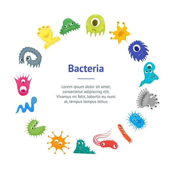 Rajzfilm baktériumok karakterek Banner kártya kör. Vektor — Stock Vector