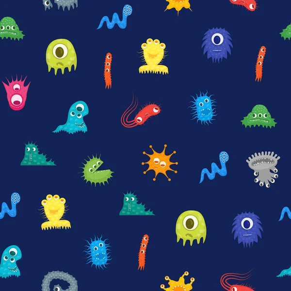 Cartoon Bacteria Characters Seamless Pattern Background (dalam bahasa Inggris). Vektor - Stok Vektor