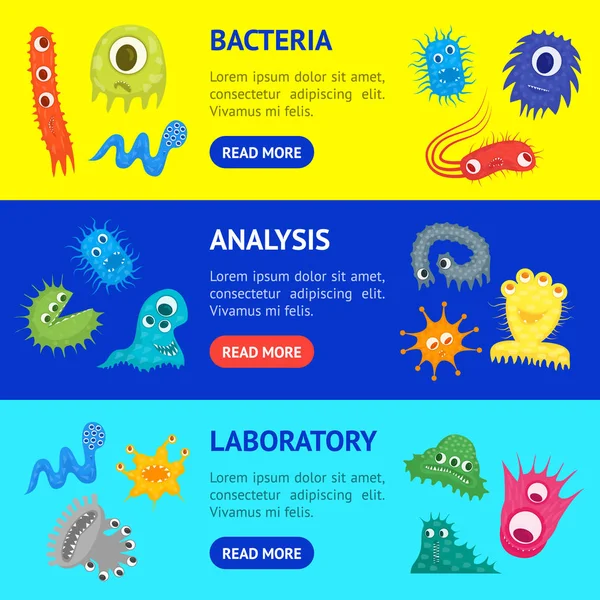 Cartoon Bacteria Karakter Banner Horizontal Set. Vektor - Stok Vektor