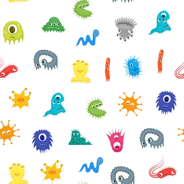 Cartoon Bacteria Characters Seamless Pattern Background (dalam bahasa Inggris). Vektor - Stok Vektor
