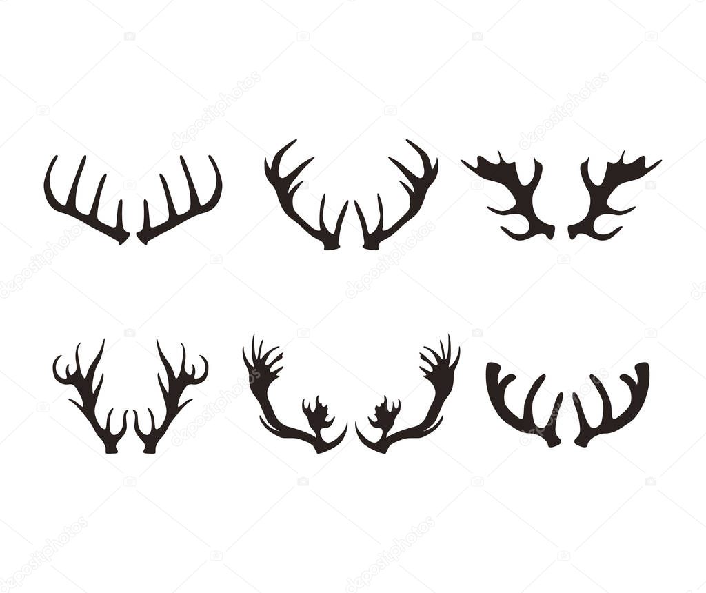 Cartoon Black Silhouette Deer Horns Set. Vector