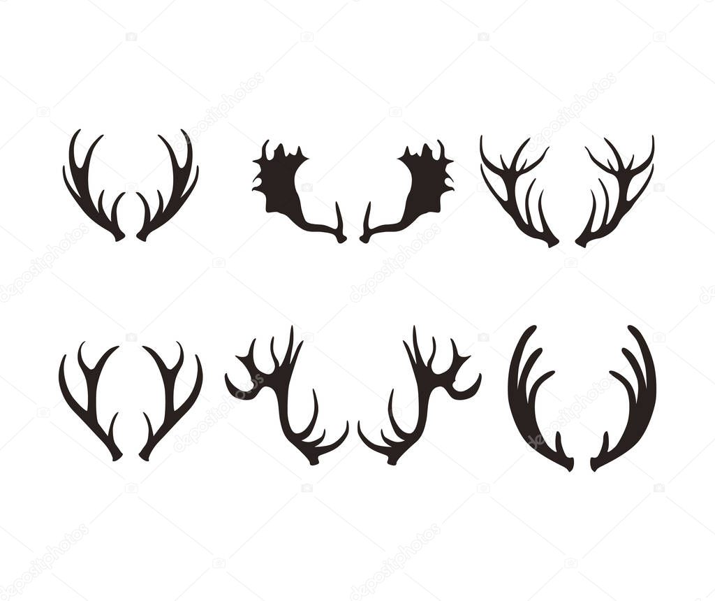 Cartoon Black Silhouette Deer Horns Set. Vector
