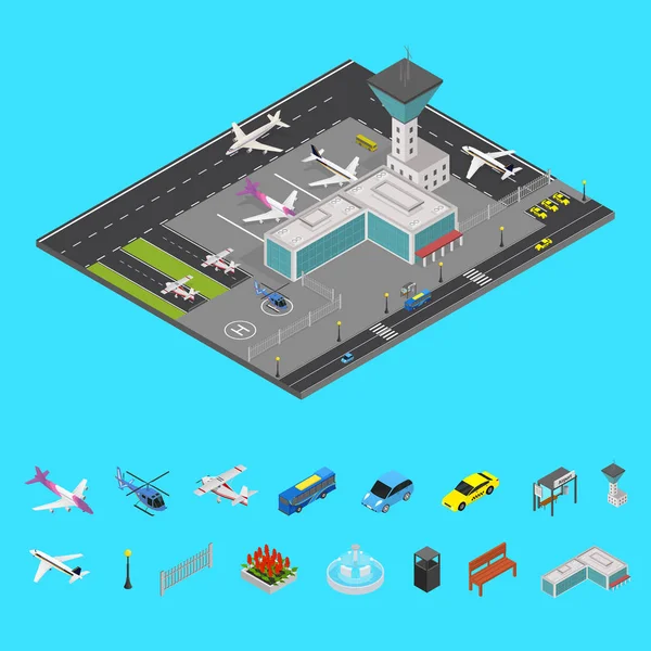 Luchthaven Concept en elementen 3d isometrische weergave. Vector — Stockvector