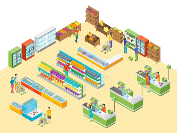 Supermarket or Shop Interior with Furniture Isometric View. Vector — Stock Vector