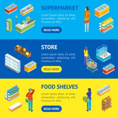 Süpermarket veya dükkanı afiş yatay izometrik görünümü ayarlayın. Vektör