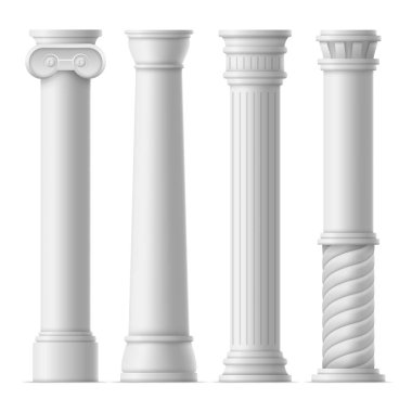 Gerçekçi detaylı 3d antik sütunlar ayarlayın. Vektör