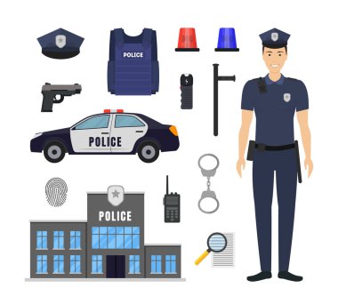 Çizgi film renk polis ve polis öğeleri simge seti. Vektör