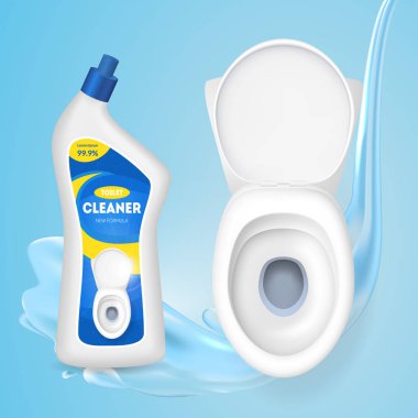 Tuvalet temizleyici ve seramik kase ile gerçekçi detaylı 3d şişe. Vektör