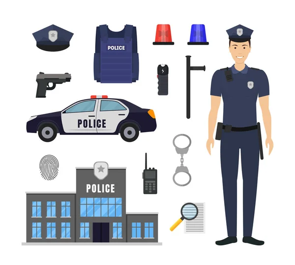 Rajzfilm színes rendőr és a rendőrség elemek Icon Set. Vektor — Stock Vector