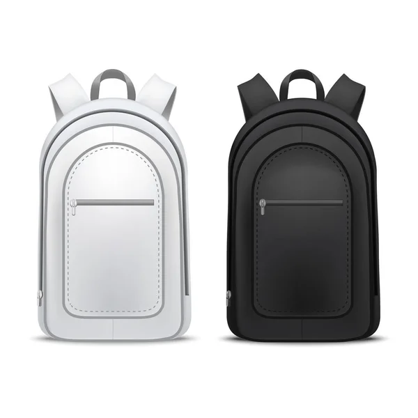 Realista detalhada 3d branco e preto em branco escola mochilas modelo Mockup Set. Vetor — Vetor de Stock