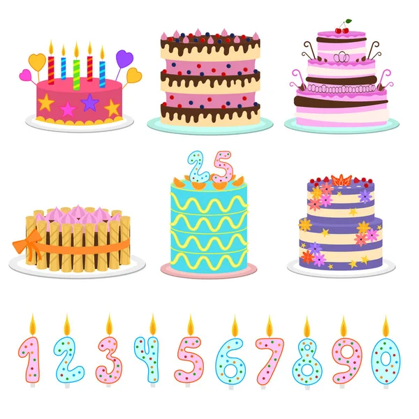 Conjunto de iconos de tortas y elementos de cumpleaños a color de dibujos animados. Vector — Vector de stock