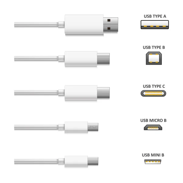 Gerçekçi detaylı 3d beyaz Usb türleri ayarlayın. Vektör — Stok Vektör