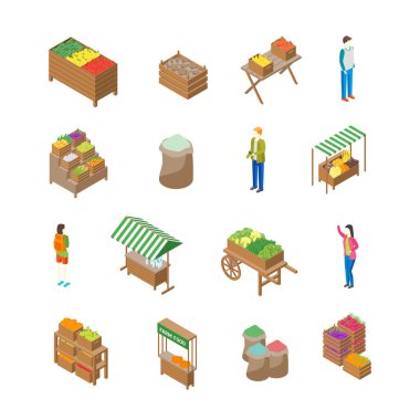 Çiftlik yerel pazar kavramı simge 3d izometrik görünümü. Vektör