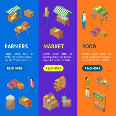 Çiftlik yerel pazar afiş Vecrtical Set izometrik görünümü. Vektör