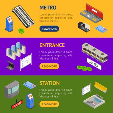 Metro İstasyonu 3d afiş yatay izometrik görünümü ayarla. Vektör
