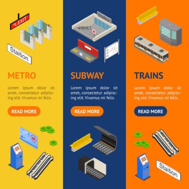 Metro İstasyonu 3d afiş Vecrtical Set izometrik görünümü. Vektör