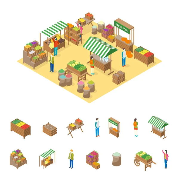 Concept et éléments du marché local agricole Vue 3d isométrique. Vecteur — Image vectorielle