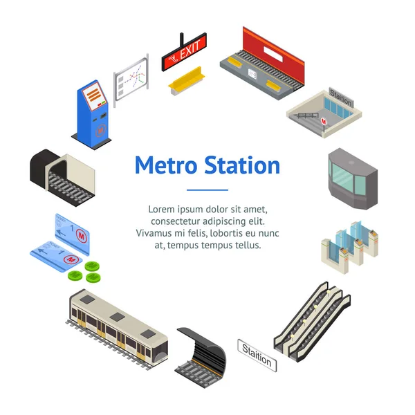 Metro Station 3d Banner Card Circle Vista isométrica. Vector — Vector de stock