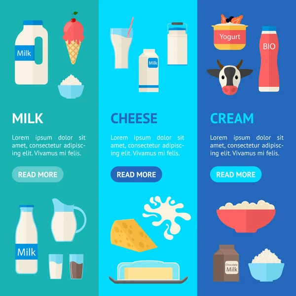 Cartoon kleur melk producten Banner Vecrtical Set. Vector — Stockvector
