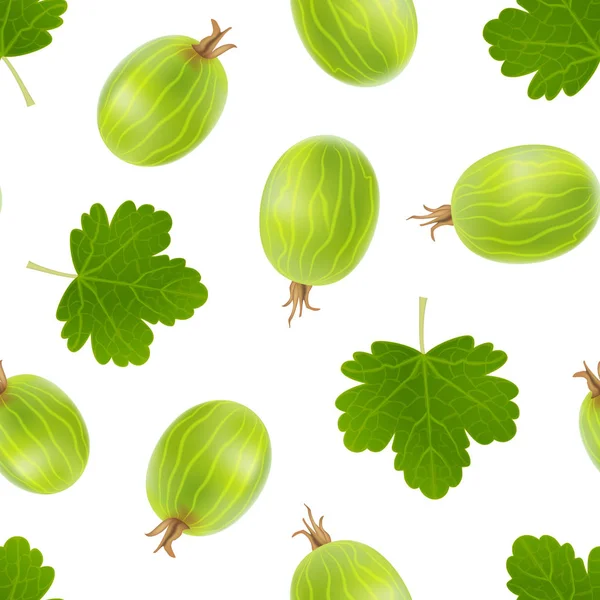 Realistic Detailed 3d Gooseberries with Green Leaves Seamless Pattern background. Вектор — стоковый вектор