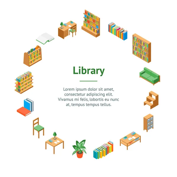 Perabotan untuk Library 3d Banner Card Circle Isometric View (dalam bahasa Inggris). Vektor - Stok Vektor