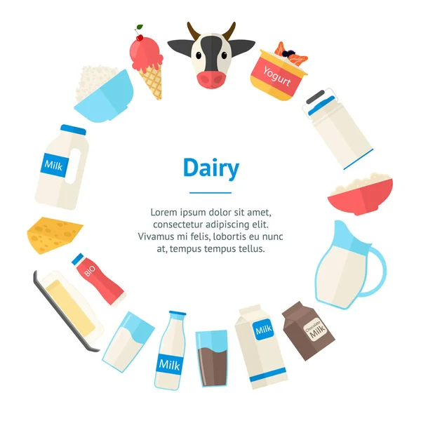 Cartoon melk producten Banner kaart kleurencirkel. Vector — Stockvector