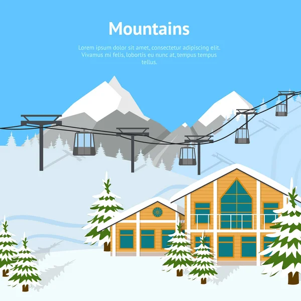 Cartoon Winter Ski Resort Background Card (en inglés). Vector — Archivo Imágenes Vectoriales