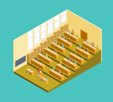 Üniversitesi Konferans salonu iç insanlar izometrik manzaralı. Vektör