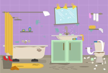Oda Servisi kartı Poster temizlik için çizgi film kirli organize banyo. Vektör