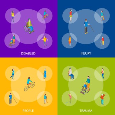 İzometrik Engelli insanların karakterleri afiş kümesi. Vektör