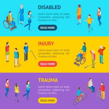 İzometrik Engelli insanların karakterleri afiş yatay küme. Vektör