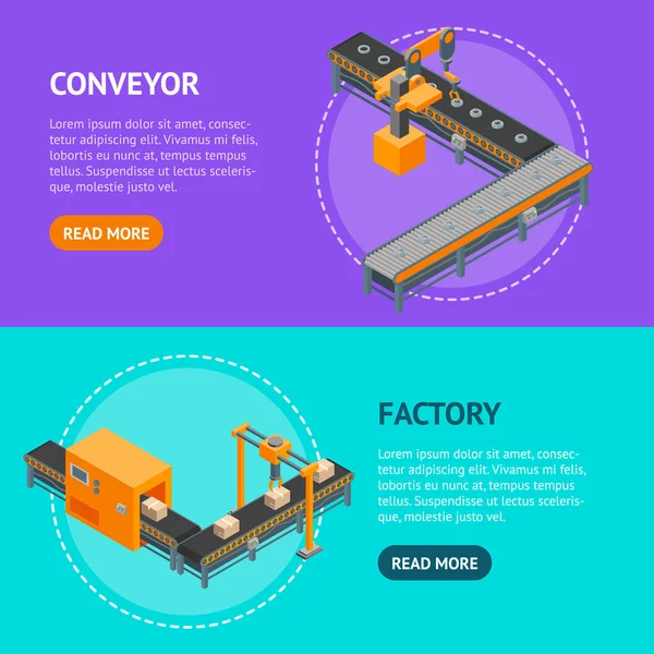 Automated Factory Banner Horizontal Set 3D Isométrico View. Vetor — Vetor de Stock