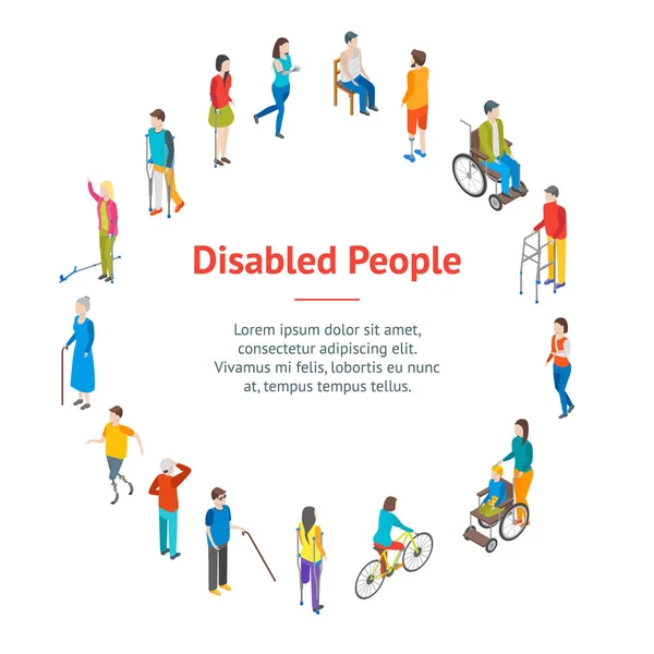 Isometric Disabled People Characters Banner Card Circle. Vector — Stock Vector